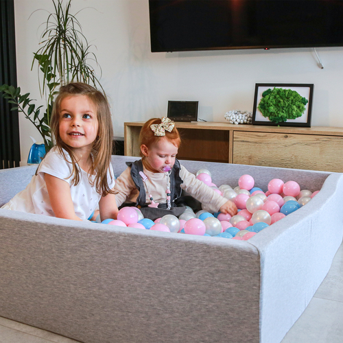 KiddyMoon Soft Ball Pit Square  ∅ 7Cm / 2.75In For Kids, Foam Ball Pool Baby Playballs Children, Made In The EU, light grey:babyblue-powder pink-pearl, 120x30cm/300 balls