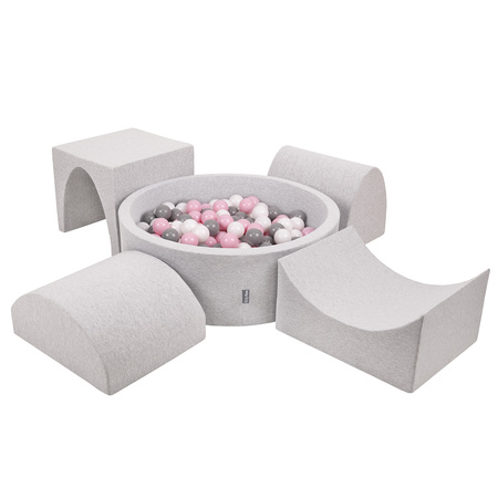 KiddyMoon Foam Playground for Kids with Round Ballpit ( ∅ 7cm/2.75In) Soft Obstacles Course and Ball Pool, Certified Made In The EU, lightgrey:white/grey/powderpink, Ballpit (300 Balls) + Version 1