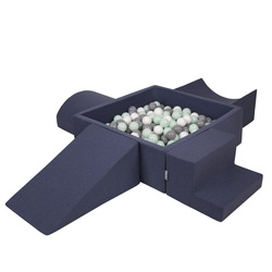 KiddyMoon Foam Playground for Kids with Square Ballpit ( ∅ 7cm/2.75In) Soft Obstacles Course and Ball Pool, Certified Made In The EU, darkblue:white/grey/mint, Ballpit (200 Balls) + Version 5