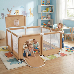 square play pen filled with plastic balls basketball, beige, No Balls