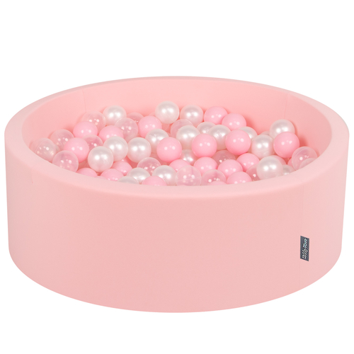KiddyMoon Baby Foam Ball Pit with Balls ∅ 7cm / 2.75in Made in EU, pink:powder pink/pearl/transparent, 90 x 30 cm / 300 Balls