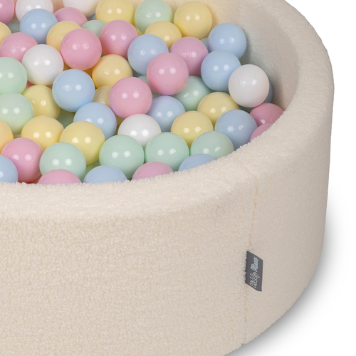KiddyMoon Ball Pit for Baby with Teddy Plush, Large 7 cm Balls for a Fuller Ball Pit, From 8 Months, Removable Cover, Cream: Pastel Blue/Pastel Yellow/White/Mint/Powder Pink, 90 x 30 cm / 300 Balls