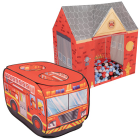 Playhouse Tent Set Fireman Fire Engine And Fire Station Indoor Outdoor Foldable Adventure Toy For Kids Boys Girls Group Activity Pretend Play, red: black/white/red/baby blue, 100 balls