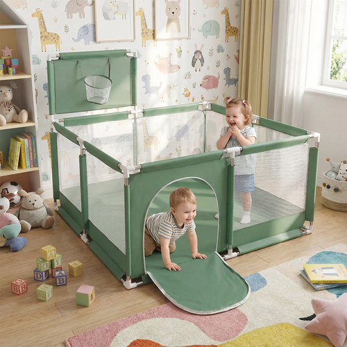 square play pen filled with plastic balls basketball, green, No Balls
