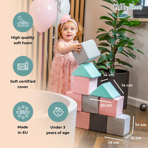 KiddyMoon Soft Foam Building Blocks for Babies & Toddlers, Washable Velvet Zip Cover, 14cm Cubes, Sensory Toy, cubes: sand beige-desert pink, 12 Pieces