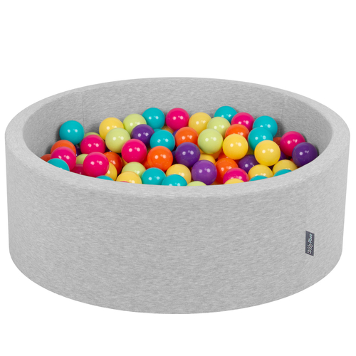 KiddyMoon Baby Foam Ball Pit with Balls ∅ 7cm / 2.75in Made in EU, l.grey:l.green/yellw/turquois/orange/d.pink/purple, 90x30cm/300 balls