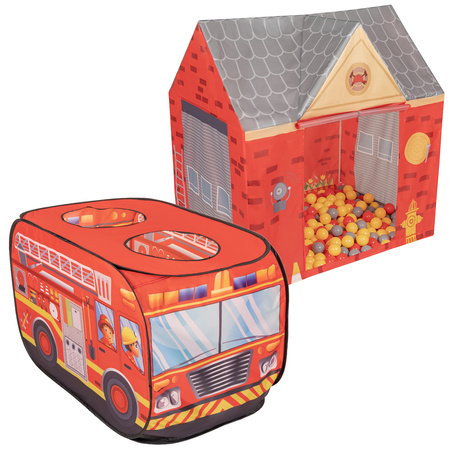 Playhouse Tent Set Fireman Fire Engine And Fire Station Indoor Outdoor Foldable Adventure Toy For Kids Boys Girls Group Activity Pretend Play, red: grey/yellow/red, 100 balls
