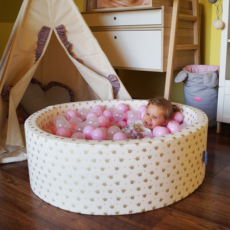 KiddyMoon Baby Foam Ball Pit with Balls ∅ 7cm / 2.75in Made in EU, pink:powder pink/pearl/gold, 90x30cm/200 balls