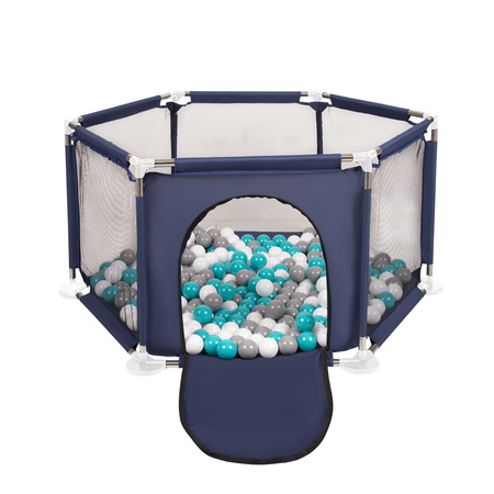 hexagon 6 side play pen with plastic balls, Blue:grey/white/turquoise, 100 balls