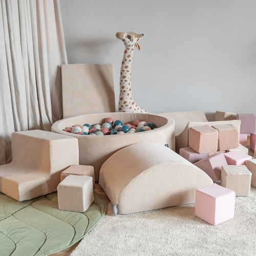 KiddyMoon Foam Playground Velvet for Kids with Round Ballpit ( ∅ 7cm/2.75In) Soft Obstacles Course and Ball Pool, Certified Made In The EU, Sand beige: dark turquoise/pastel beige/green/grey/salmon, Ballpit (200 Balls) + Version 3