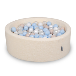 KiddyMoon Ball Pit for Baby with Teddy Plush, Large 7 cm Balls for a Fuller Ball Pit, From 8 Months, Removable Cover, Cream: Pastel Beige/Pastel Blue/White/Pearl, 90 x 30 cm / 300 Balls