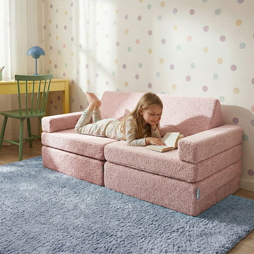 KiddyMoon Sofa for Kids in Foam with Soft Teddy Fabric, Modular and Foldable, for Playing, Reading and Relaxing, pink, Sofa