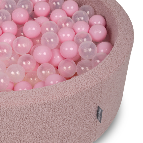 KiddyMoon Ball Pit for Baby with Teddy Plush, Large 7 cm Balls for a Fuller Ball Pit, From 8 Months, Removable Cover, Pink: Powder Pink/Transparent, 90 x 30 cm / 200 Balls