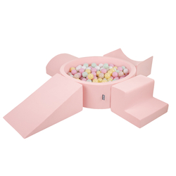 KiddyMoon Foam Playground for Kids with Round Ballpit ( ∅ 7cm/2.75In) Soft Obstacles Course and Ball Pool, Made In The EU, pink:pastel beige/pastel yellow/white/mint/light pink, Ballpit (200 Balls) + Version 5