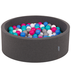 KiddyMoon Baby Foam Ball Pit with Balls ∅ 7cm / 2.75in Made in EU, dark grey:white/grey/blue/d pink/lt turquoise, 90 x 30 cm / 200 Balls