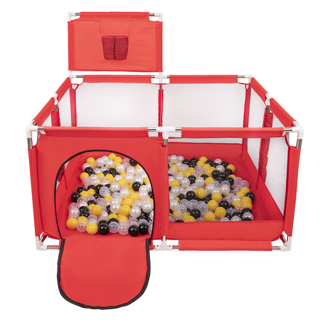 square play pen filled with plastic balls basketball, Red:black/pearl/yellow/transparent, 200 balls