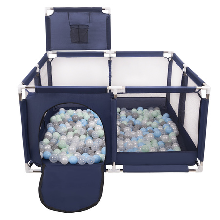 square play pen filled with plastic balls basketball, Blue:pearl/grey/transparent/babyblue/mint, 200 balls