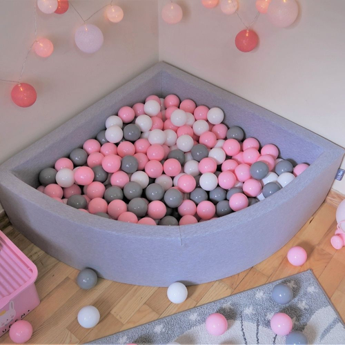 KiddyMoon Soft Ball Pit Quarter Angular ∅ 7cm / 2.75In for Kids, Foam Ball Pool Baby Playballs, Made In The EU, light grey:grey/white/pink, 90x30cm/300 balls