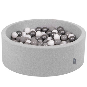 KiddyMoon Baby Foam Ball Pit with Balls ∅ 7cm / 2.75in Made in EU, light grey:white/grey/silver, 90x30cm/200 balls