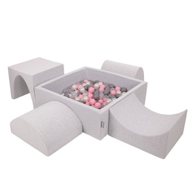 KiddyMoon Foam Playground for Kids with Square Ballpit ( ∅ 7cm/2.75In) Soft Obstacles Course and Ball Pool, Certified Made In The EU, lightgrey:pearl/grey/transparent/powderpink, Ballpit (300 Balls) + Version 1