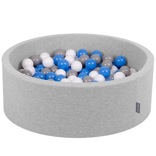KiddyMoon Baby Foam Ball Pit with Balls ∅ 7cm / 2.75in Made in EU, light grey:grey/white/blue, 90 x 30 cm / 300 Balls