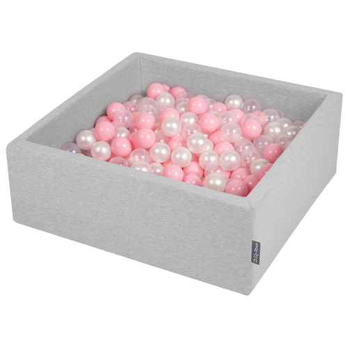 KiddyMoon Baby Foam Ball Pit with Balls ∅ 7cm / 2.75in Square Made in EU, light grey:light pink/pearl/transparent, 90x30cm/200 balls