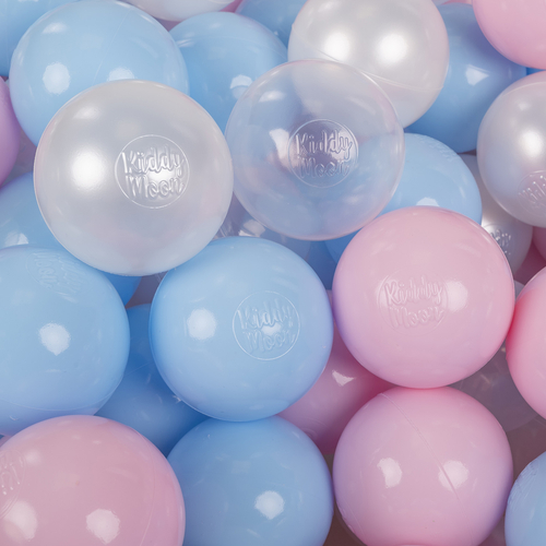 KiddyMoon Soft Plastic Play Balls ∅ 7cm/2.75in Multi-colour Made in EU, baby blue/light pink/pearl/transparent, 100 Balls/7cm-2.75in