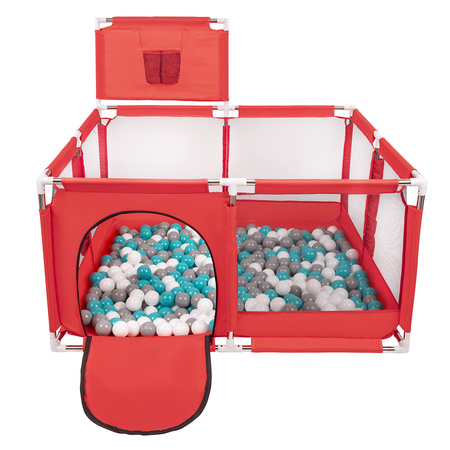 square play pen filled with plastic balls basketball, Red:grey/white/turquoise, 100 balls