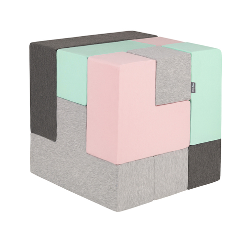 KiddyMoon Soft Foam Cubes Building Blocks 14cm for Children Multifunctional Foam Construction Montessori Toy for Babies, Certified Made in The EU, light grey-dark grey-pink-mint, 9 Pieces