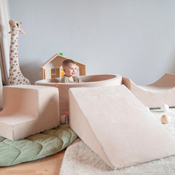 KiddyMoon Foam Playground Velvet for Kids with Round Ballpit ( ∅ 7cm/2.75In) Soft Obstacles Course and Ball Pool, Certified Made In The EU, Sand beige: dark turquoise/pastel beige/green/gray/salmon, Ballpit (200 Balls) + Version 5