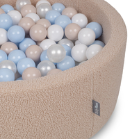 KiddyMoon Ball Pit for Baby with Teddy Plush, Large 7 cm Balls for a Fuller Ball Pit, From 8 Months, Removable Cover, Beige: Pastel Beige/Pastel Blue/White/Pearl, 90 x 30 cm / 300 Balls