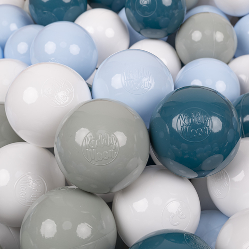 KiddyMoon Soft Plastic Play Balls ∅ 7cm/2.75in Multi-colour Made in EU, dark turquoise/greengrey/pastel blue/white, 300 Balls/7cm-2.75in