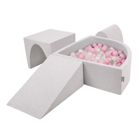 KiddyMoon Foam Playground for Kids with Quarter Angular Ballpit and Balls, lightgrey:powderpink/pearl/transparent, Ballpit (200 Balls) + Version 2