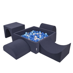 KiddyMoon Foam Playground for Kids with Square Ballpit ( ∅ 7cm/2.75In) Soft Obstacles Course and Ball Pool, Certified Made In The EU, darkblue:babyblue/blue/pearl, Ballpit (200 Balls) + Version 1