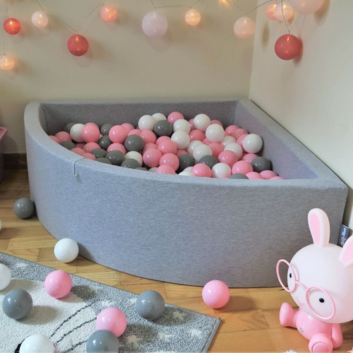 KiddyMoon Soft Ball Pit Quarter Angular ∅ 7cm / 2.75In for Kids, Foam Ball Pool Baby Playballs, Made In The EU, light grey:lgreen/orange/turq/blue/babyblue/yellow, 90 x 30 cm / 300 Balls