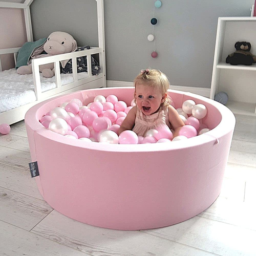KiddyMoon Baby Ball Pit Soft Foam For Infants And Toddlers From 8 Months Removable Cotton Cover, Bubble gum: light pink/baby blue, 90 x 30 cm / 300 Balls