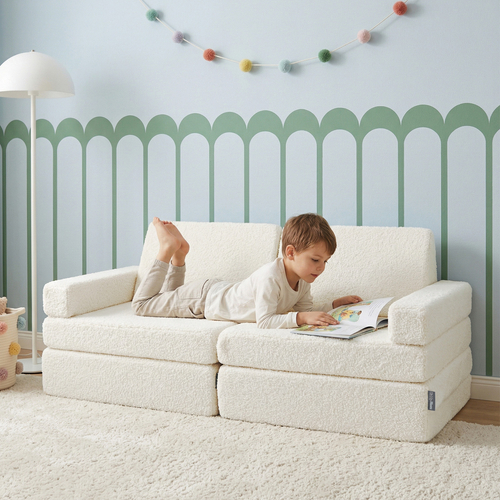 KiddyMoon Sofa for Kids in Foam with Soft Teddy Fabric, Modular and Foldable, for Playing, Reading and Relaxing, creamy, Sofa