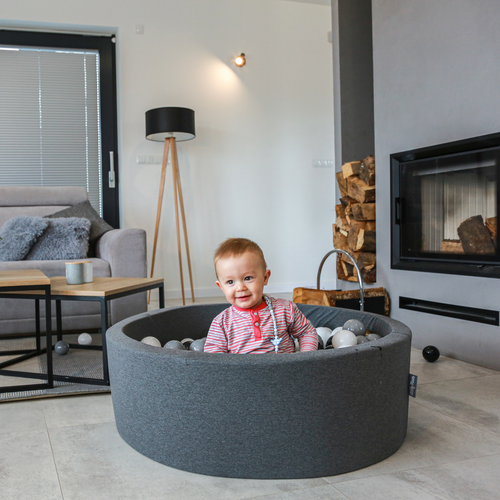 KiddyMoon Baby Foam Ball Pit with Balls ∅ 7cm / 2.75in Made in EU, dark grey:black/pearl/gold/grey, 90 x 30 cm / 200 Balls