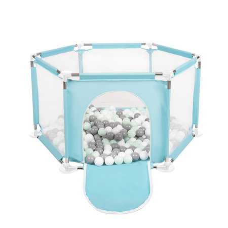 hexagon 6 side play pen with plastic balls, Mint:white/grey/mint, 100 balls