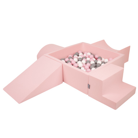 KiddyMoon Foam Playground for Kids with Square Ballpit ( ∅ 7cm/2.75In) Soft Obstacles Course and Ball Pool, Certified Made In The EU, pink:white/grey/powder pink, Ballpit (200 Balls) + Version 5