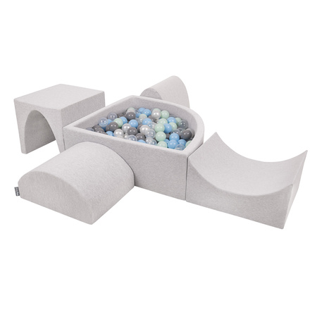 KiddyMoon Foam Playground for Kids with Quarter Angular Ballpit and Balls, lightgrey:pearl/grey/transparent/babyblue/mint, Ballpit (300 Balls) + Version 1