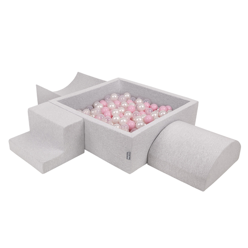 KiddyMoon Foam Playground for Kids with Square Ballpit ( ∅ 7cm/2.75In) Soft Obstacles Course and Ball Pool, Certified Made In The EU, lightgrey:powderpink/pearl/transparent, Ballpit (300 Balls) + Version 6