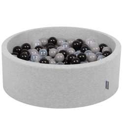 KiddyMoon Baby Foam Ball Pit with Balls ∅ 7cm / 2.75in Made in EU, light grey:black/grey/transparent, 90 x 30 cm / 200 Balls