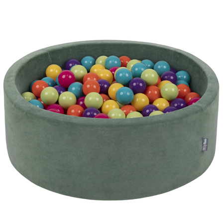 KiddyMoon Soft Ball Pit Round ∅ 7cm / 2.75In for Kids, Foam Velvet Ball Pool Baby Playballs, Made In The EU, forest green:light green/yellow/turquoise/orange/dark pink/purple, 90x30cm/200 balls