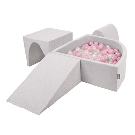 KiddyMoon Foam Playground for Kids with Quarter Angular Ballpit and Balls, lightgrey:powderpink/pearl/transparent, Ballpit (200 Balls) + Version 2