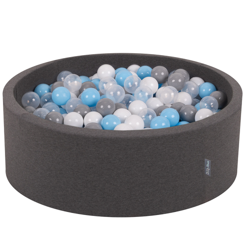 KiddyMoon Baby Foam Ball Pit with Balls ∅ 7cm / 2.75in Made in EU, dark grey:grey/white/transparent/babyblue, 90 x 30 cm / 200 Balls