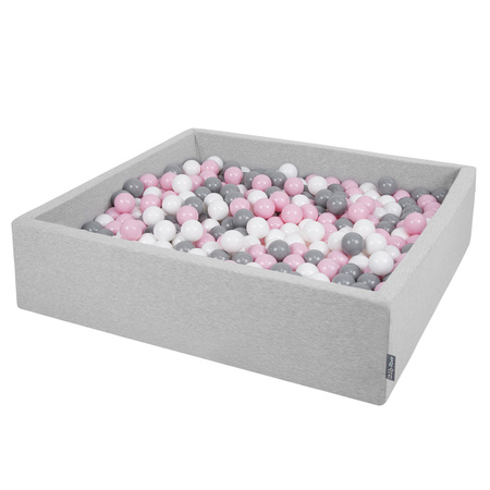 KiddyMoon Soft Ball Pit Square  ∅ 7Cm / 2.75In For Kids, Foam Ball Pool Baby Playballs Children, Made In The EU, light grey:white-grey-powder pink, 120x30cm/1000 balls