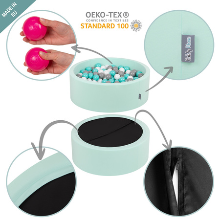KiddyMoon Soft Ball Pit Round ∅ 7cm / 2.75In for Kids, Foam Velvet Ball Pool Baby Playballs, Made In The EU, forest green:dark turquoise/greengrey/pastel blue/white, 90x30cm/200 balls