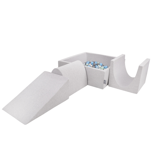 KiddyMoon Foam Playground for Kids with Square Ballpit ( ∅ 7cm/2.75In) Soft Obstacles Course and Ball Pool, Certified Made In The EU, lightgrey:pearl/grey/transparent/babyblue/mint, Ballpit (200 Balls) + Version 2