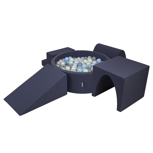 KiddyMoon Foam Playground for Kids with Round Ballpit ( ∅ 7cm/2.75In) Soft Obstacles Course and Ball Pool, Certified Made In The EU, darkblue:pearl/grey/transparent/babyblue/mint, Ballpit (300 Balls) + Version 3
